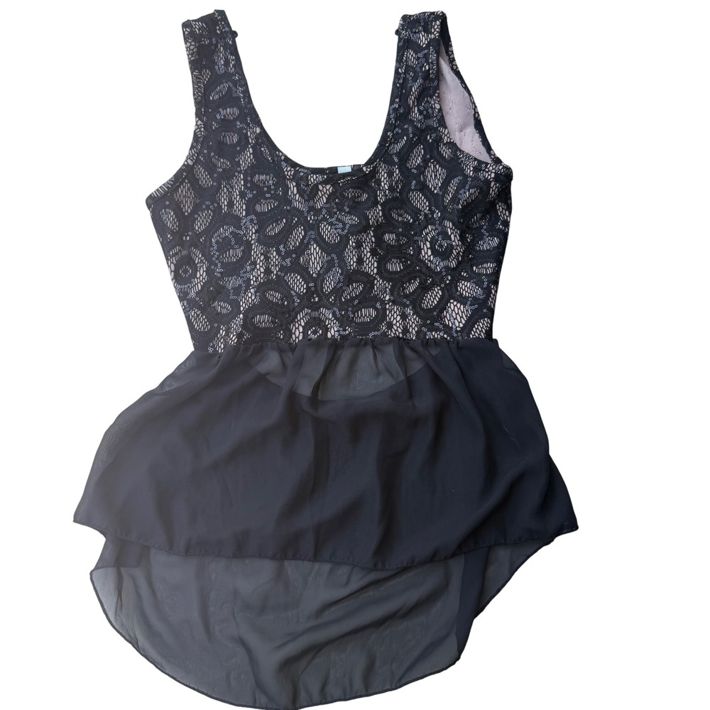 Minimi USA Womens Black Lace Sequin Hi-Low Peplum Top Sleeveless Scoop Neck